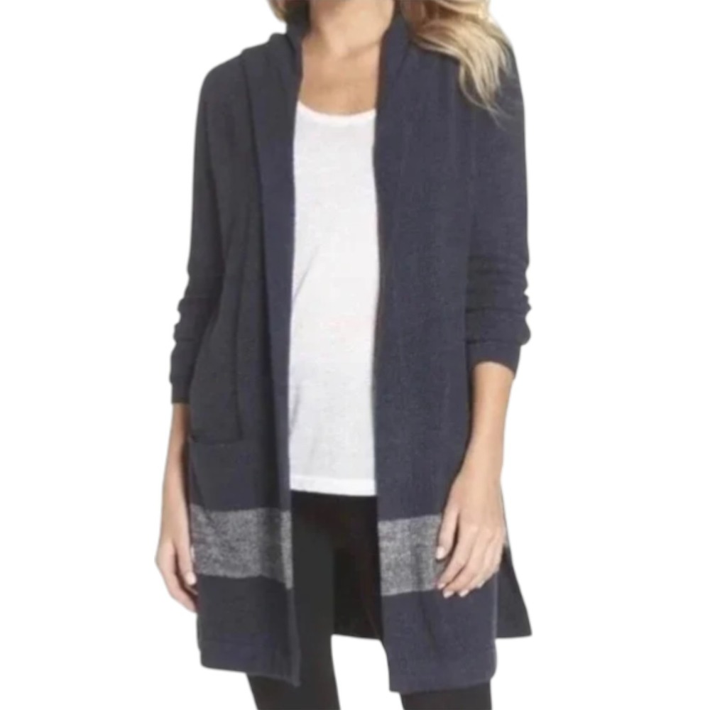 Barefoot Dreams Cozychic Lite Knit Cardigan Sweater Womens Medium Blue w/ Stripe
